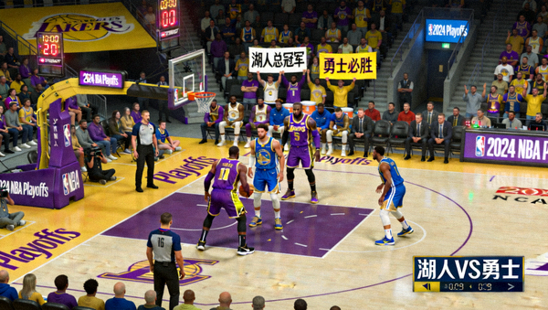 NBA季后赛洛杉矶湖人队对阵金州勇士队的比赛直播画面