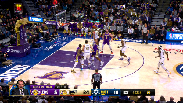 NBA西部决赛湖人队与掘金队比赛的现场直播画面